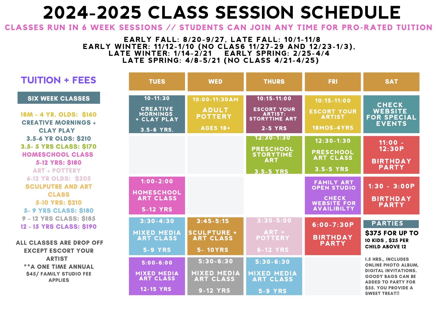 Fall Art and Pottery Class Schedule