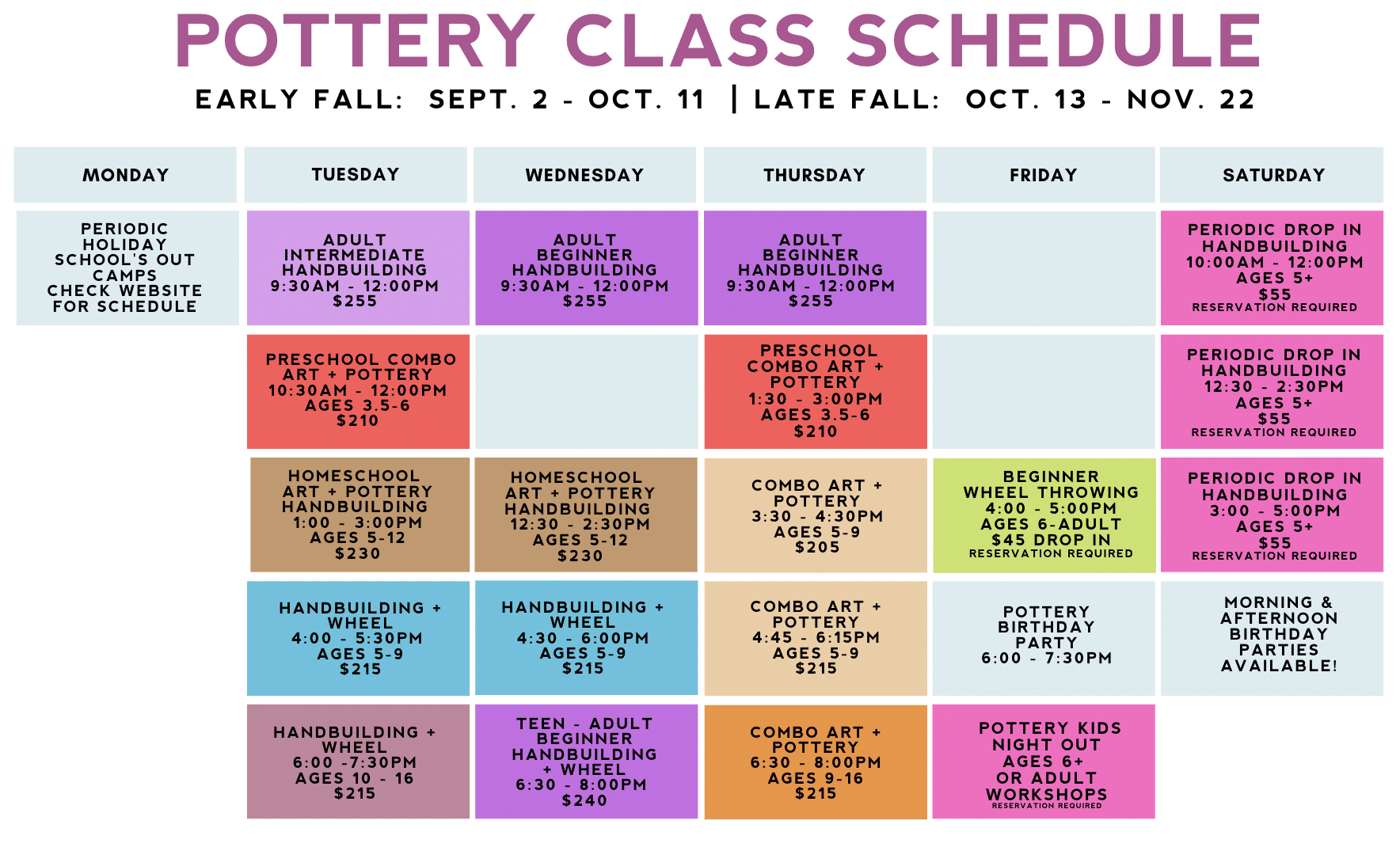 Pottery Class Schedule
