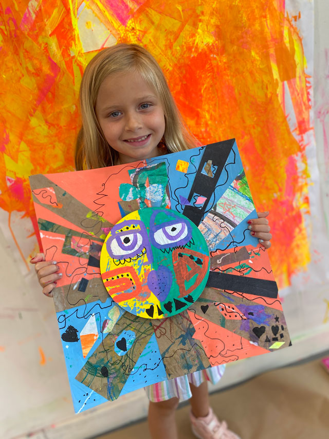 Pintura y collage de sol inspirados en Clare Youngs: clases de arte para niños, colonias, fiestas y eventos